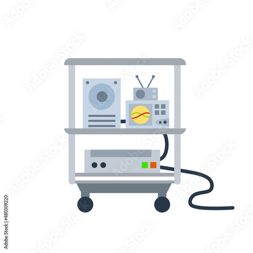 Technical equipment and device. Table with sensors and electronics for scientific work. Laboratory and appliance decorations. Oscilloscope for measuring parameters.