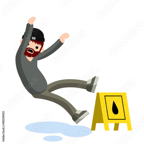 Man slipped on wet floor. Danger and risk. Sliding on puddle of water. Mistake and falling. Flat cartoon illustration