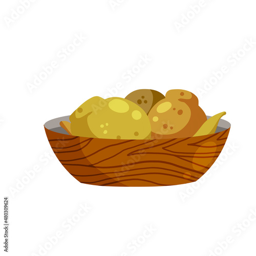 Maca or Peruvian ginseng. Yellow vegetable in bowl. Turnip root. Flat cartoon of Harvesting.