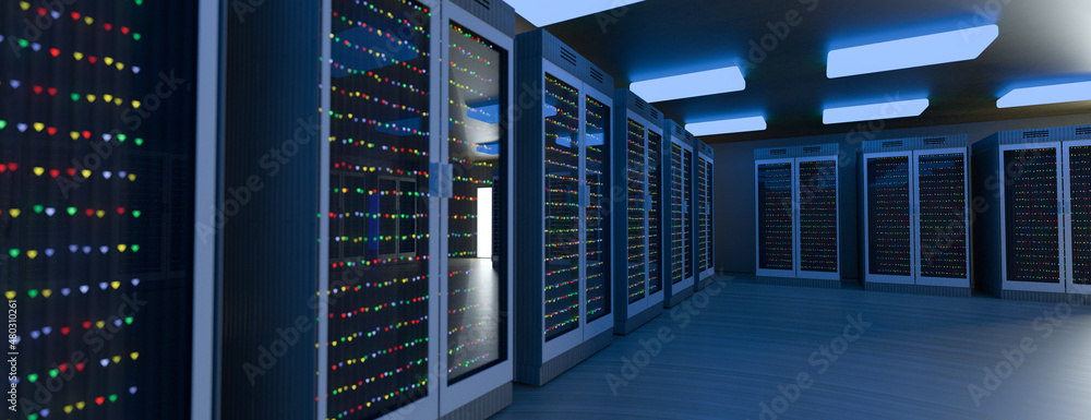 Fototapeta premium Servers. Servers room data center. Backup, mining, hosting, mainframe, farm and computer rack with storage information. 3d rendering
