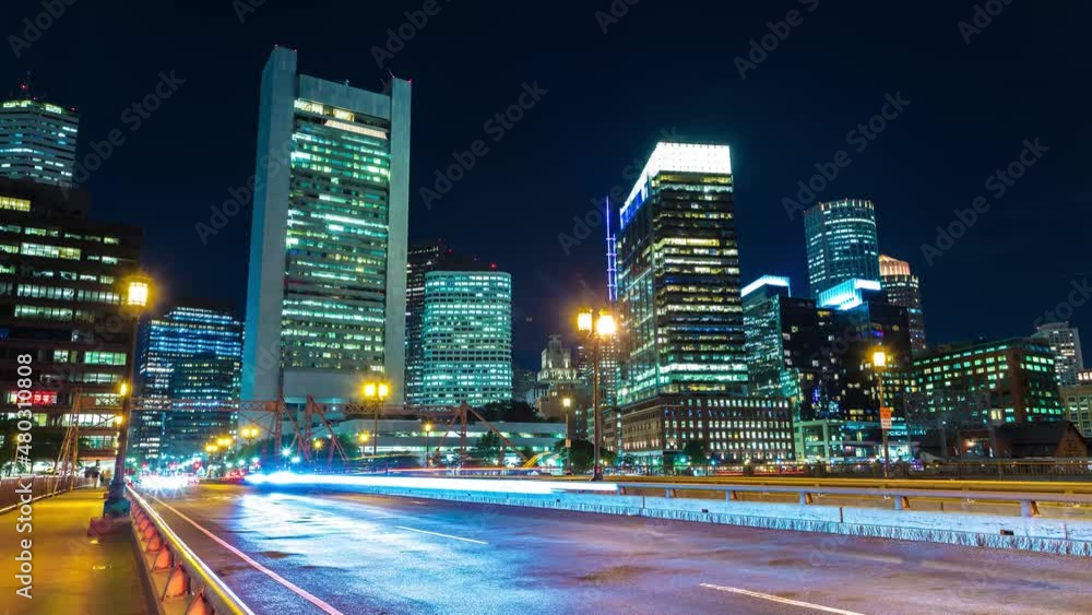 Uhd 4k Timelapse of Traffic light trails in Boston cityscape at night, USA Uhd 4k Timelapse of Traffic light trails in Boston cityscape at night, USA