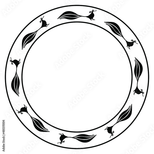 Round ethnic frame with stylized birds. Native American pottery design of Acoma Pueblo Indians. Black and white silhouette.