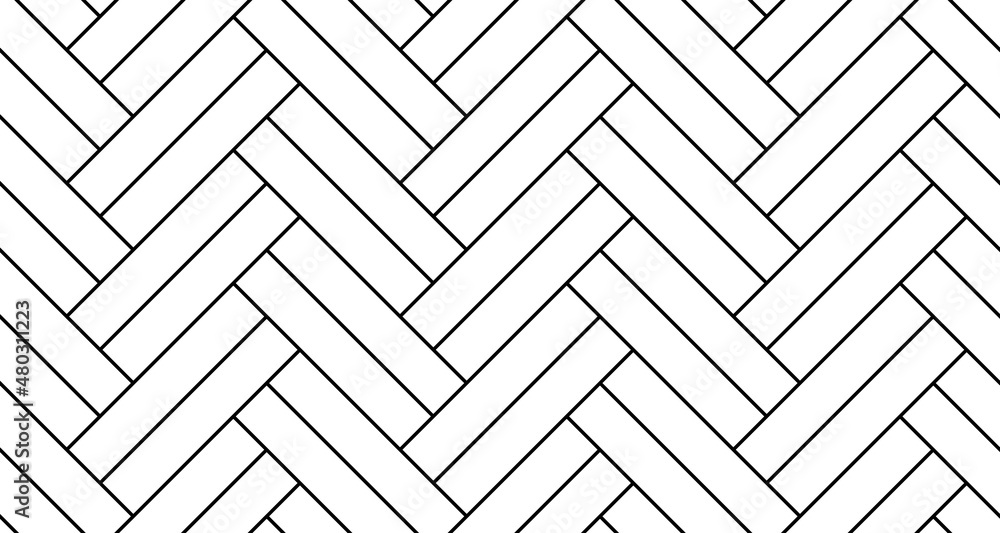 White double herringbone parquet floor seamless pattern with diagonal panels. Vector wooden or brick wall texture. Modern interior background. Outline monochrome wallpaper. - obrazy, fototapety, plakaty 