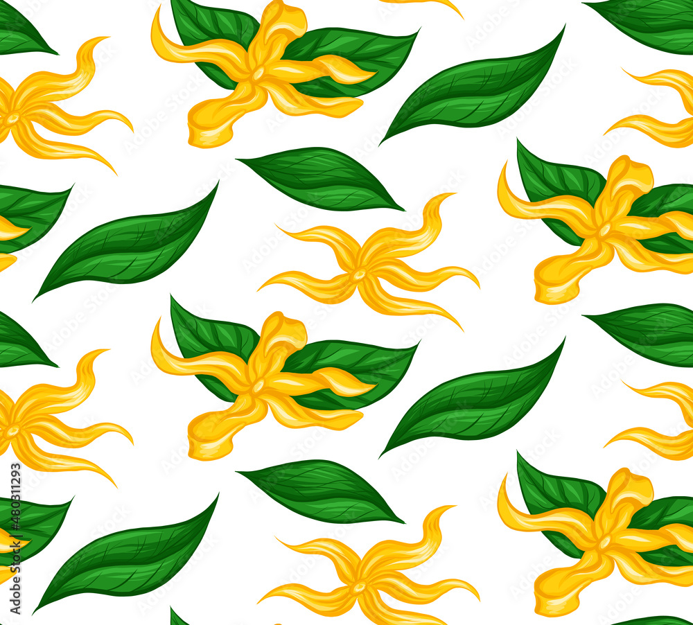 Obraz premium Seamless pattern with tropical flowers ylang ylang and foliage on white background. Vector texture with floral ornament in cartoon style. Natural wallpaper