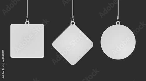 Set of circle, square and diamond danglers hanging from ceiling realistic mockup. Mock up of advertising promotion pointer for supermarket sale announcement on dark background. Mall store vector