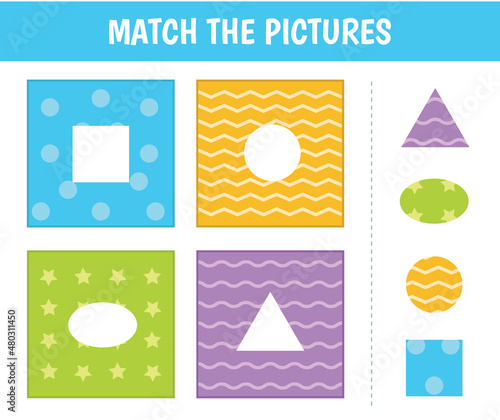 Sorting children educational game. Match of objects and geometric shapes: circle, oval, square, triangle. The Learning of geometric shapes and colors.