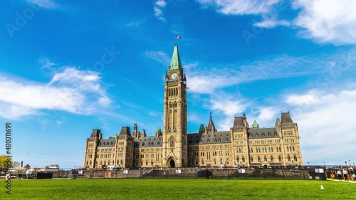 Uhd 4k Timelapse of Canadian Parliament in Ottawa on Parliament  hill  in a sunny day, Canada