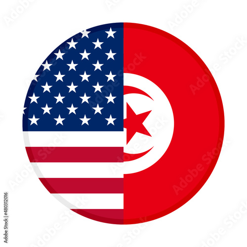 round icon with usa and tunisia flags, isolated on white background	
