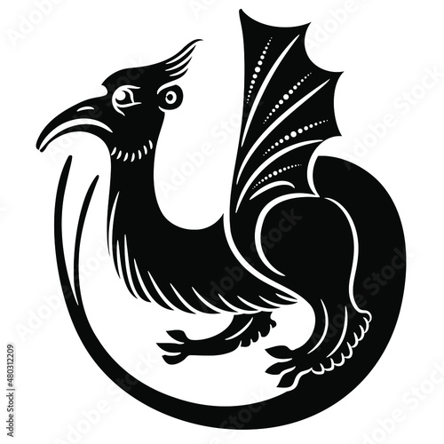Winged medieval dragon. Illuminated manuscript animal motif. Black and white silhouette.