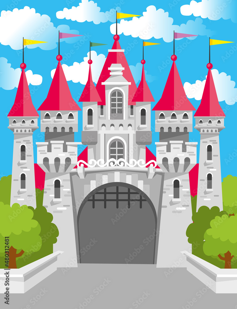Castle for princess king and queen in middle ages. Building in fairy tale vector illustration in flat style.