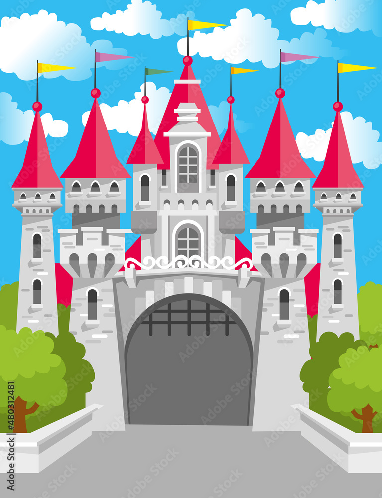 Castle for princess king and queen in middle ages. Building in fairy tale vector illustration in flat style. Castle for princess king and queen in middle ages. Building in fairy tale vector illustration in flat style.