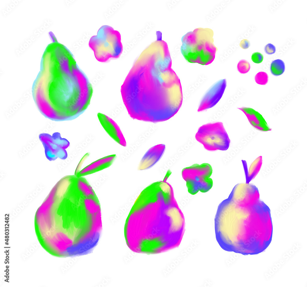 Neon pear clip art set. Fluorescent fruit, botanical illustration. Holographic pear hand drawn design isolated on white. Neon pear clip art set. Fluorescent fruit, botanical illustration. Holographic pear hand drawn design isolated on white.