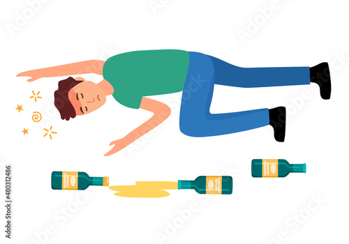 Drunk man sleeping on the floor with beer bottle on the floor in flat design. Alcoholic character. Alcohol addiction.