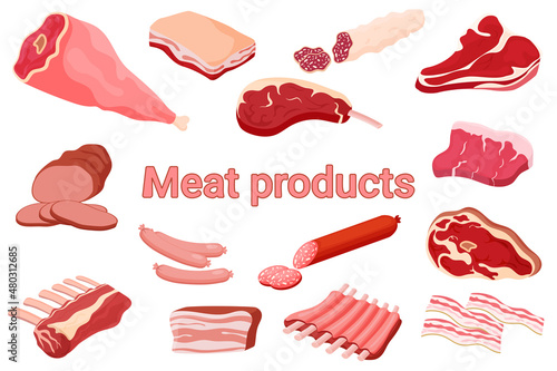 Meat products poster.A set of illustrations for a butcher shop.Beef steak, pork ham,bacon,carbonate,tenderloin, sausage, sausages, pork and beef ribs.Collection of elements for design.