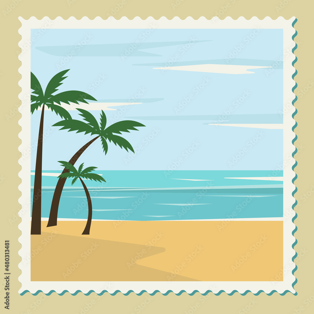 Cute illustration of a postage stamp. Vector postage stamp depicting a landscape, relaxing by the ocean.