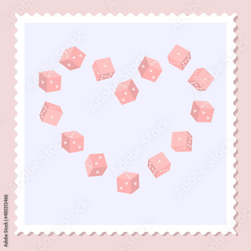 Cute illustration of a postage stamp. Vector postage stamp with cubes arranged in the shape of a heart. photo