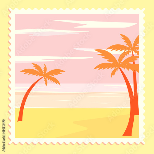 Cute illustration of a postage stamp. Vector postage stamp depicting a landscape, the setting sun on vacation by the sea.