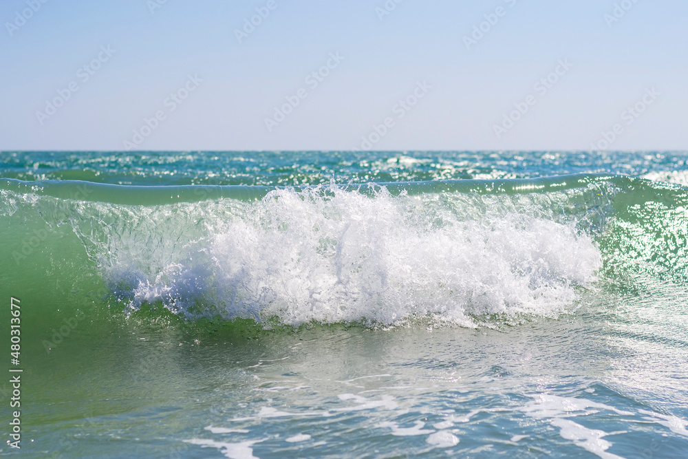 Fototapeta premium Foaming, rolling, turquoise, sea wave on the beach