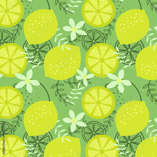 Seamless background with lemon,  slices and  lemon flowers.