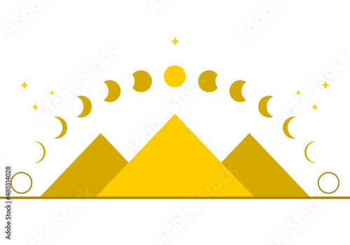 Pyramid traingle with yellow moon different phases or lunar phases mysterious astrology magic on white background flat vector design icon. photo