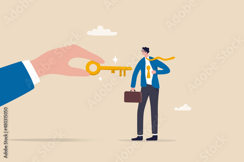 Coaching or training to unlock employee true potential and achieve career success, advance skill for talent personal development concept, coach holding success golden key to unlock employee keyhole.
