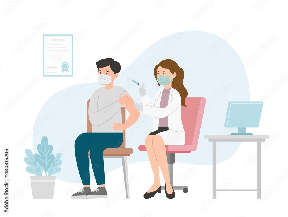 Doctor or paramedic in a clinic or hospital giving a man a vaccine against the virus, immunization against the coronavirus, flu shot, healthcare Doctor or paramedic in a clinic or hospital giving a man a vaccine against the virus, immunization against the coronavirus, flu shot, healthcare