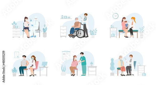 Doctor or paramedic in clinic or hospital giving man or woman successive virus vaccines, coronavirus immunizations, flu vaccine, healthcare, set