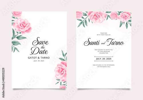 Minimalist wedding invitation set with watercolor rose flower and green leaf illustration
