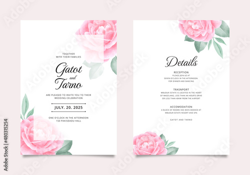 Minimalist wedding invitation with watercolor beautiful flowers and leaves © siti