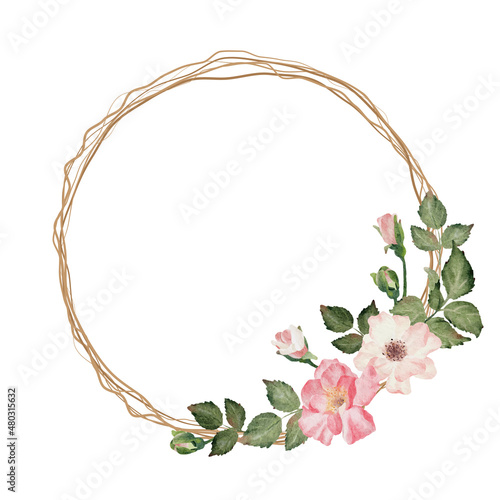 watercolor blooming rose branch with dry twig flower bouquet wreath round frame