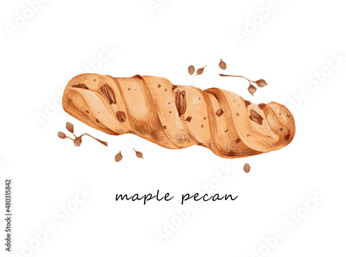 Watercolor hand drawn flat cartoon style bakery postcard with illustration of bakery product isolated on white background. Bakery shop design poster. Natural organic maple pecan with seeds