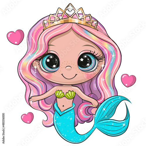 Cartoon Mermaid with pink hair on a white background