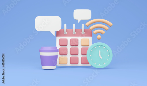 3D Rendering of Agenda element icons calendar internet WiFi clock coffee cup speech bubble symbol on background concept of time management. 3D render illustration cartoon style.