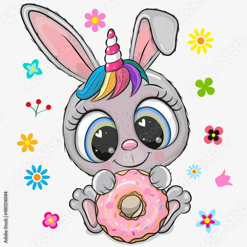 Cartoon Gray Bunny with horn and donut