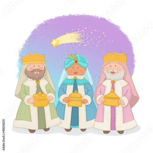 Three Wise Men Kings with gifts for Baby Jesus in Nativity