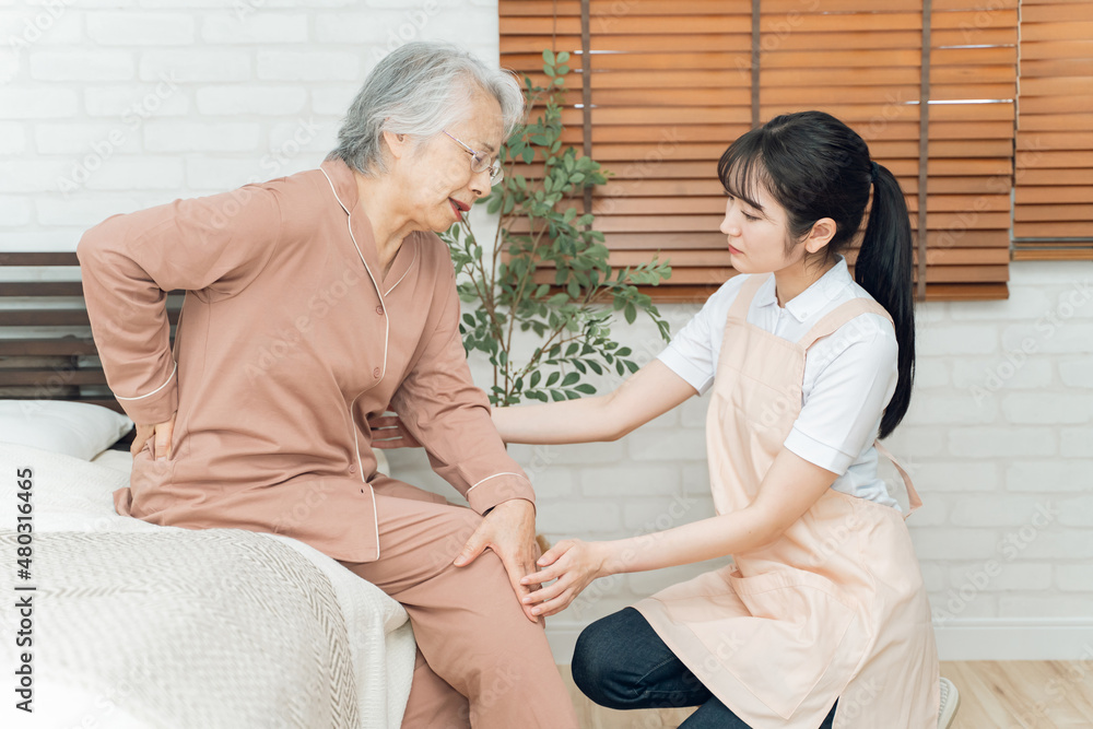 Obraz premium 痛がる高齢者女性と介護士の女性（腰痛）