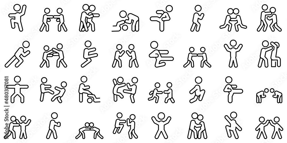 Self defense icons set outline vector. Adrenalice attack. Action karate