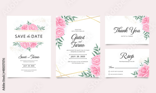 Beautiful wedding invitation card template set with gold geometric border and watercolor roses