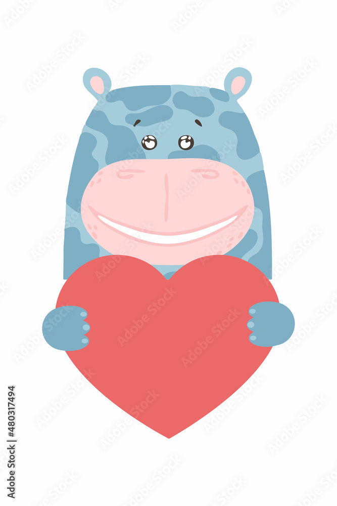 Fototapeta premium Cute cartoon animal holds a heart sign with copy space. set valentine's day greeting card banner invitation flyer brochure. cartoon hand drawn style. Little animals pets in love, declaration of love