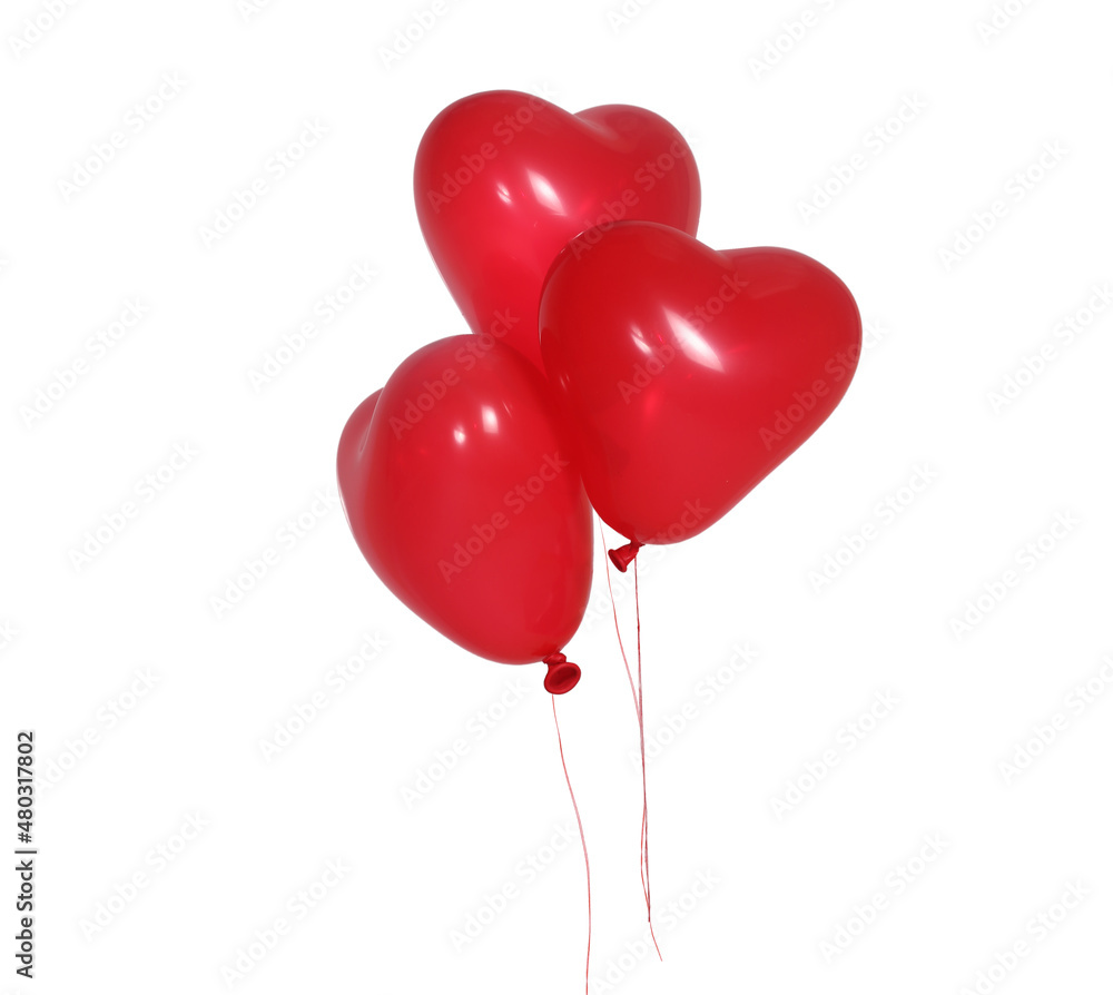 Two Romantic  red heart-shaped balloons isolated on white background.