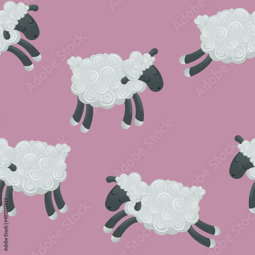 Cute curly sheep. Vector seamless pattern with lambs on a pink background.