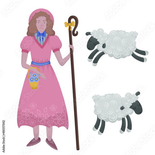 Shepherdess and sheep. Vector characters on an isolated background. Female farmer character.