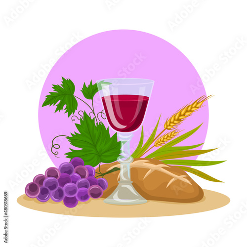 Chalice, bread and wine, grapes and wheat ears, first Communion.