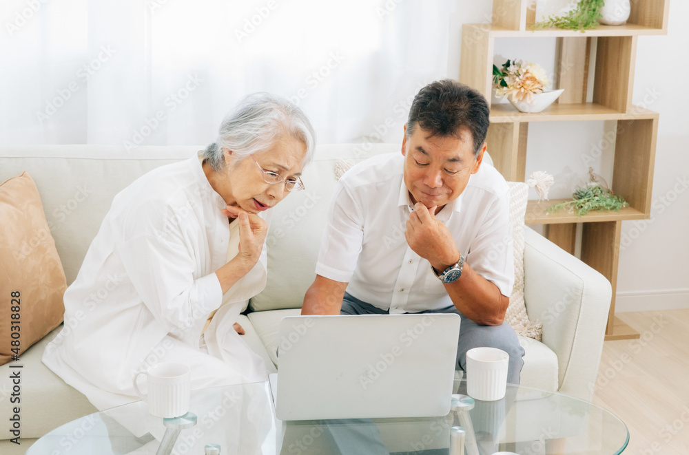 Fototapeta premium ノートパソコンを見る高齢者夫婦（困る） 