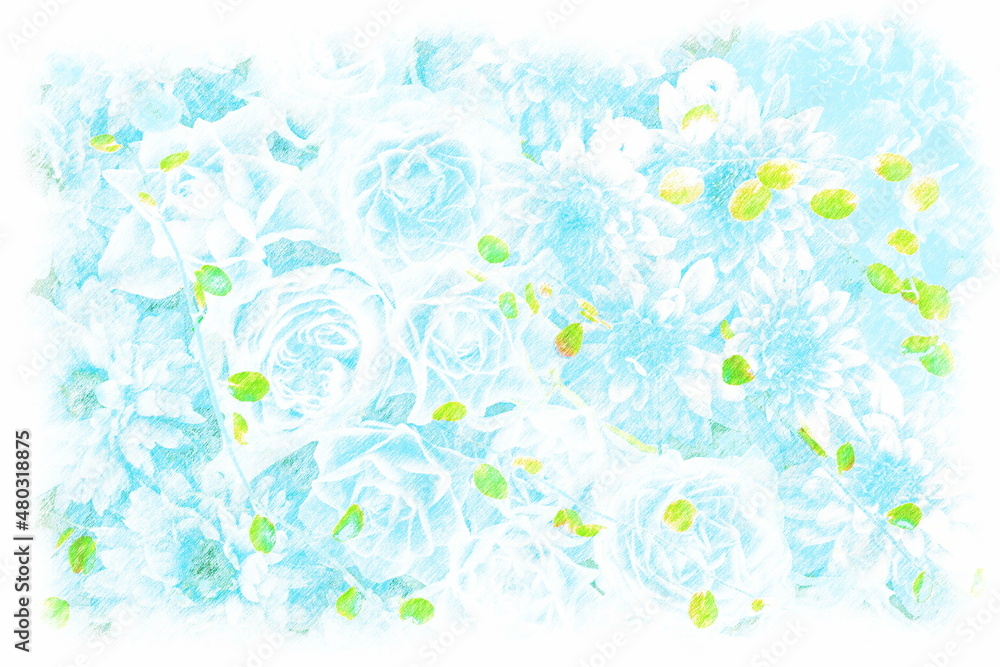Blue roses and dahlias drawn with colored pencils.