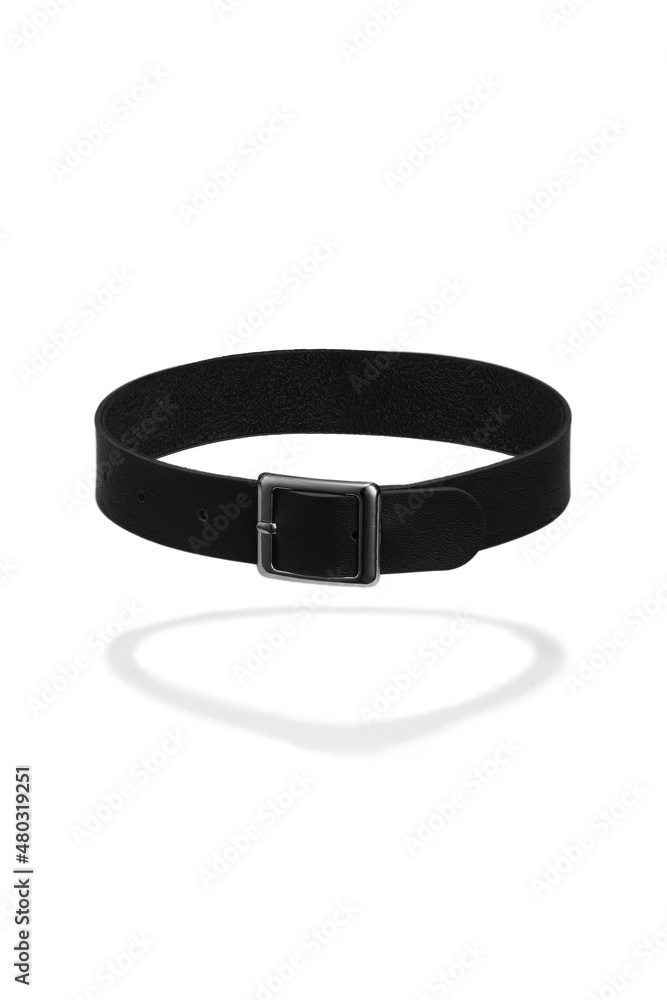 Detail shot of black leather collar with metal buckle. Adjustable basic choker made of plain leather is isolated on the white background. Detail shot of black leather collar with metal buckle. Adjustable basic choker made of plain leather is isolated on the white background.
