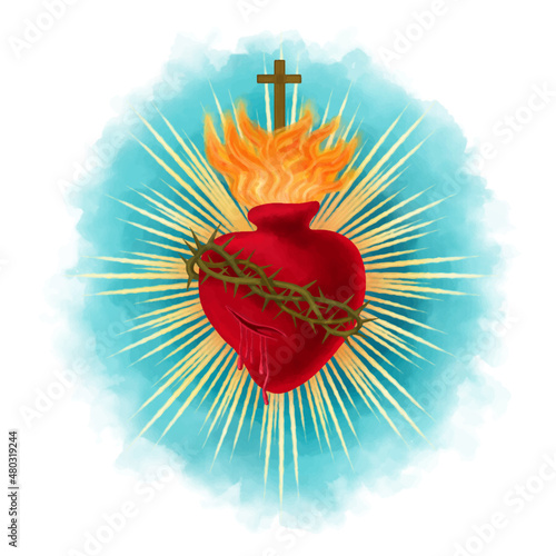 Sacred Heart of Jesus with rays on aqua color background.