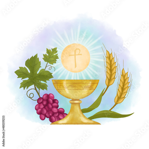 Chalice and host, with wheat ears wreath and grapes.