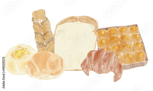 いろいろな手作りパンの手描き水彩風イラスト