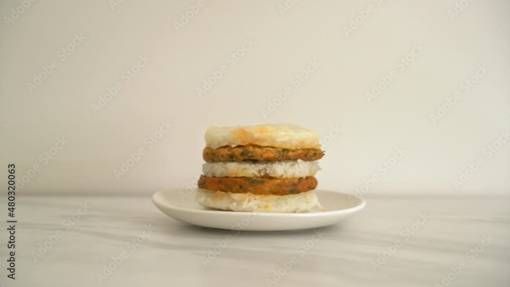 homemade grilled spicy pork and herbs with sticky rice burger homemade grilled spicy pork and herbs with sticky rice burger
